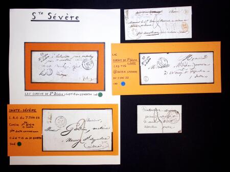 15 plis de Sainte Sévère dont 1 cursive "35 Ste Sévère" (1847 - ind 13) et 6 cursives "35 Ste Sévère-s-Indre", boites rurales, lettres affranchies dont T22 sur un n°13. TB