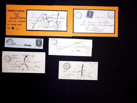 TOURNON-SAINT-MARTIN : 10 plis + 1 fragment, dont n°4 OBL PC 3394 + T15 (1852, ind 16). TB