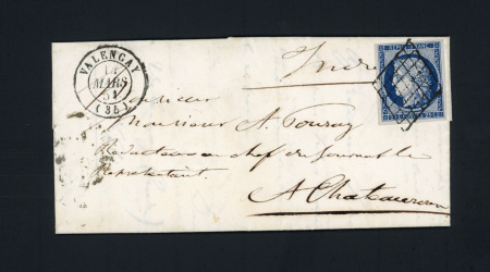 N°4 OBL grille + T15 "Valençay (35)" (1851) sur lettre, jolie pièce, ind 14