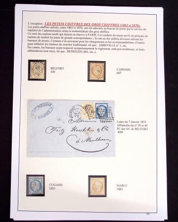 1849-1898, ensemble de Cérès et Empire sur grandes pages (dont n°18), 1 page d'obl. de GC, 1 page PC des GC, 2 de nuances du n°14, 1 d'obl. losange PC sur n°14 et 1 d'obl. jour de l'an sur n°75, TB