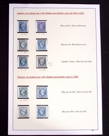 1849-1898, ensemble de Cérès et Empire sur grandes pages (dont n°18), 1 page d'obl. de GC, 1 page PC des GC, 2 de nuances du n°14, 1 d'obl. losange PC sur n°14 et 1 d'obl. jour de l'an sur n°75, TB