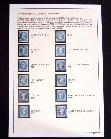 1849-1898, ensemble de Cérès et Empire sur grandes pages (dont n°18), 1 page d'obl. de GC, 1 page PC des GC, 2 de nuances du n°14, 1 d'obl. losange PC sur n°14 et 1 d'obl. jour de l'an sur n°75, TB
