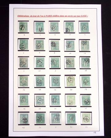 1849-1898, ensemble de Cérès et Empire sur grandes pages (dont n°18), 1 page d'obl. de GC, 1 page PC des GC, 2 de nuances du n°14, 1 d'obl. losange PC sur n°14 et 1 d'obl. jour de l'an sur n°75, TB