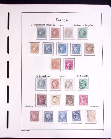 1849-1902, ensemble de valeurs classiques (Cérès, Empire, Sage, Mouchon, Merson, etc...) dont n°33 et 44) sur 6 grandes pages Leuchtturm, neufs et obl., TB