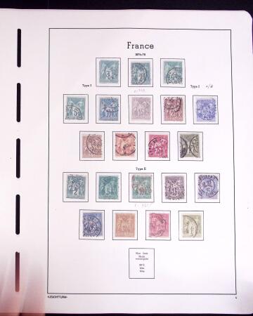 1849-1902, ensemble de valeurs classiques (Cérès, Empire, Sage, Mouchon, Merson, etc...) dont n°33 et 44) sur 6 grandes pages Leuchtturm, neufs et obl., TB