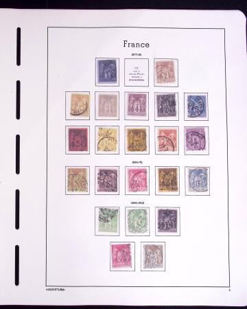 1849-1902, ensemble de valeurs classiques (Cérès, Empire, Sage, Mouchon, Merson, etc...) dont n°33 et 44) sur 6 grandes pages Leuchtturm, neufs et obl., TB