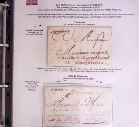 1746-1900, Collection d'exposition LA POSTE DANS L'AUDE en 80 pages avec une belle panoplie de PP à numéro, cursives rouges, T22, doubles cursives, PC du GC de Ginestas