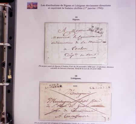 1746-1900, Collection d'exposition LA POSTE DANS L'AUDE en 80 pages avec une belle panoplie de PP à numéro, cursives rouges, T22, doubles cursives, PC du GC de Ginestas