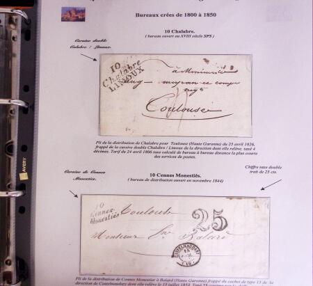 1746-1900, Collection d'exposition LA POSTE DANS L'AUDE en 80 pages avec une belle panoplie de PP à numéro, cursives rouges, T22, doubles cursives, PC du GC de Ginestas