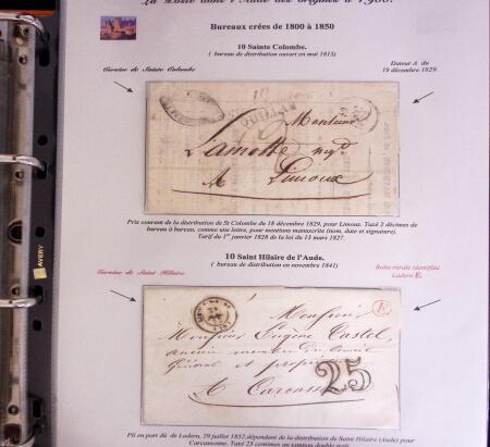 1746-1900, Collection d'exposition LA POSTE DANS L'AUDE en 80 pages avec une belle panoplie de PP à numéro, cursives rouges, T22, doubles cursives, PC du GC de Ginestas