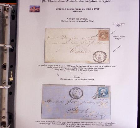 1746-1900, Collection d'exposition LA POSTE DANS L'AUDE en 80 pages avec une belle panoplie de PP à numéro, cursives rouges, T22, doubles cursives, PC du GC de Ginestas