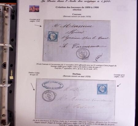 1746-1900, Collection d'exposition LA POSTE DANS L'AUDE en 80 pages avec une belle panoplie de PP à numéro, cursives rouges, T22, doubles cursives, PC du GC de Ginestas