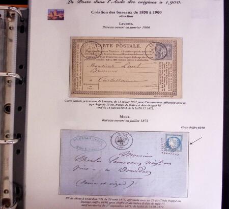 1746-1900, Collection d'exposition LA POSTE DANS L'AUDE en 80 pages avec une belle panoplie de PP à numéro, cursives rouges, T22, doubles cursives, PC du GC de Ginestas