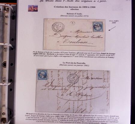 1746-1900, Collection d'exposition LA POSTE DANS L'AUDE en 80 pages avec une belle panoplie de PP à numéro, cursives rouges, T22, doubles cursives, PC du GC de Ginestas
