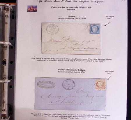 1746-1900, Collection d'exposition LA POSTE DANS L'AUDE en 80 pages avec une belle panoplie de PP à numéro, cursives rouges, T22, doubles cursives, PC du GC de Ginestas