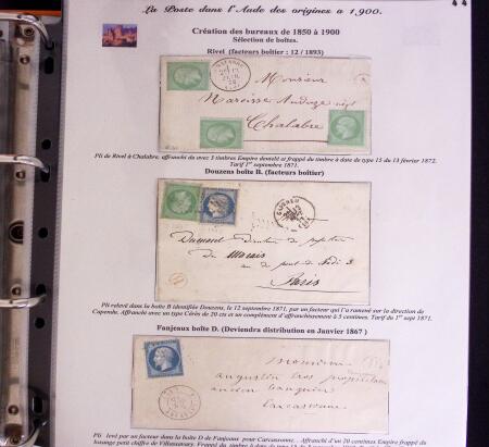 1746-1900, Collection d'exposition LA POSTE DANS L'AUDE en 80 pages avec une belle panoplie de PP à numéro, cursives rouges, T22, doubles cursives, PC du GC de Ginestas