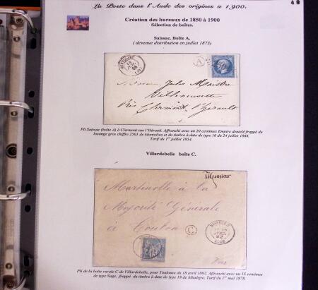 1746-1900, Collection d'exposition LA POSTE DANS L'AUDE en 80 pages avec une belle panoplie de PP à numéro, cursives rouges, T22, doubles cursives, PC du GC de Ginestas