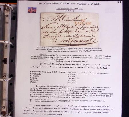 1746-1900, Collection d'exposition LA POSTE DANS L'AUDE en 80 pages avec une belle panoplie de PP à numéro, cursives rouges, T22, doubles cursives, PC du GC de Ginestas