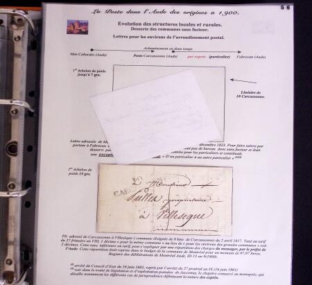 1746-1900, Collection d'exposition LA POSTE DANS L'AUDE en 80 pages avec une belle panoplie de PP à numéro, cursives rouges, T22, doubles cursives, PC du GC de Ginestas