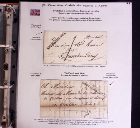 1746-1900, Collection d'exposition LA POSTE DANS L'AUDE en 80 pages avec une belle panoplie de PP à numéro, cursives rouges, T22, doubles cursives, PC du GC de Ginestas