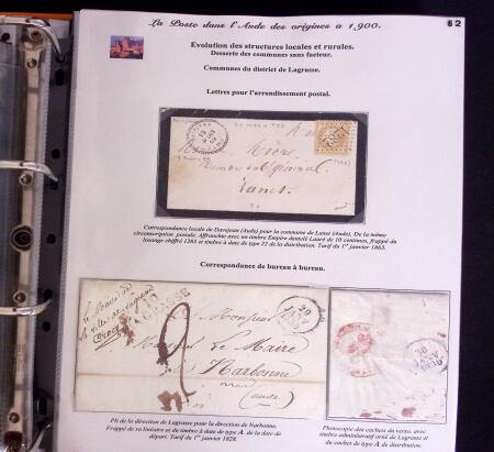 1746-1900, Collection d'exposition LA POSTE DANS L'AUDE en 80 pages avec une belle panoplie de PP à numéro, cursives rouges, T22, doubles cursives, PC du GC de Ginestas