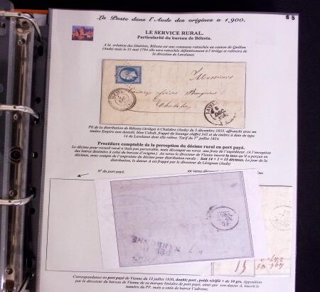 1746-1900, Collection d'exposition LA POSTE DANS L'AUDE en 80 pages avec une belle panoplie de PP à numéro, cursives rouges, T22, doubles cursives, PC du GC de Ginestas