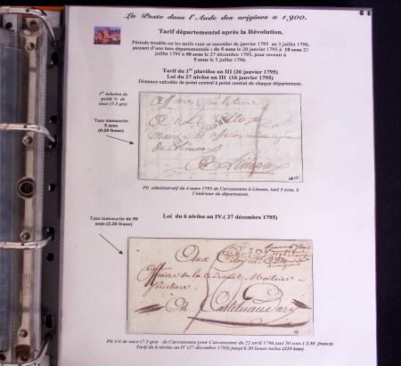 1746-1900, Collection d'exposition LA POSTE DANS L'AUDE en 80 pages avec une belle panoplie de PP à numéro, cursives rouges, T22, doubles cursives, PC du GC de Ginestas
