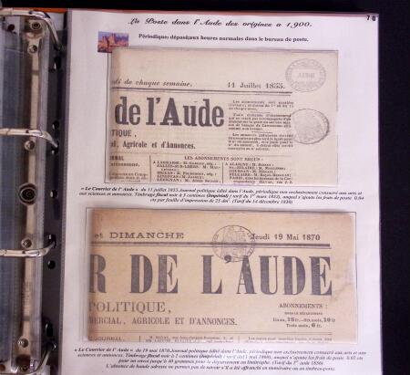 1746-1900, Collection d'exposition LA POSTE DANS L'AUDE en 80 pages avec une belle panoplie de PP à numéro, cursives rouges, T22, doubles cursives, PC du GC de Ginestas