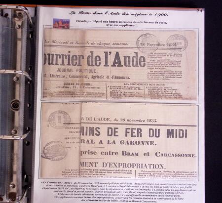 1746-1900, Collection d'exposition LA POSTE DANS L'AUDE en 80 pages avec une belle panoplie de PP à numéro, cursives rouges, T22, doubles cursives, PC du GC de Ginestas