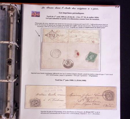 1746-1900, Collection d'exposition LA POSTE DANS L'AUDE en 80 pages avec une belle panoplie de PP à numéro, cursives rouges, T22, doubles cursives, PC du GC de Ginestas
