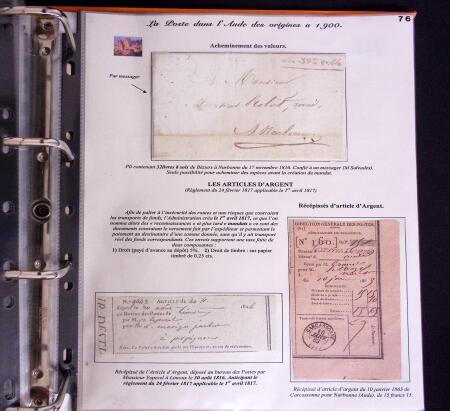1746-1900, Collection d'exposition LA POSTE DANS L'AUDE en 80 pages avec une belle panoplie de PP à numéro, cursives rouges, T22, doubles cursives, PC du GC de Ginestas