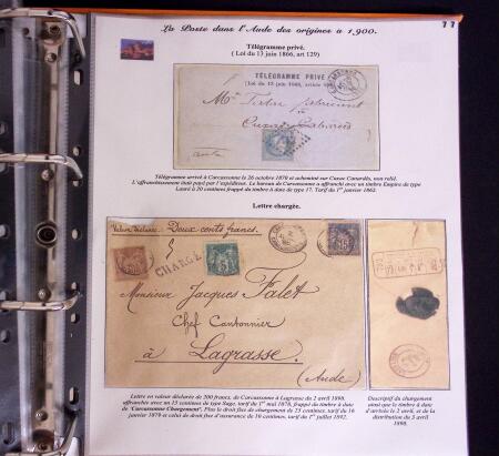 1746-1900, Collection d'exposition LA POSTE DANS L'AUDE en 80 pages avec une belle panoplie de PP à numéro, cursives rouges, T22, doubles cursives, PC du GC de Ginestas
