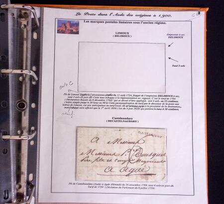 1746-1900, Collection d'exposition LA POSTE DANS L'AUDE en 80 pages avec une belle panoplie de PP à numéro, cursives rouges, T22, doubles cursives, PC du GC de Ginestas
