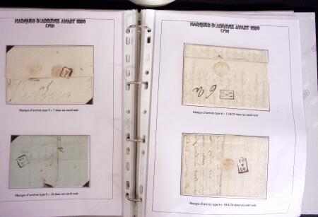 1800-1830, Collection de 70 lettres avec marques d'arrivée sur pages d'albums, dont Aix en Provence, Angers, Bastia, Lyon, Marseille avec déboursé, Macon, Nantes, Narbonne, Limoux, Nimes dont déboursé manuscrit, Per