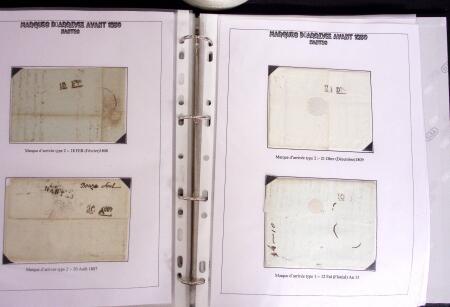 1800-1830, Collection de 70 lettres avec marques d'arrivée sur pages d'albums, dont Aix en Provence, Angers, Bastia, Lyon, Marseille avec déboursé, Macon, Nantes, Narbonne, Limoux, Nimes dont déboursé manuscrit, Per