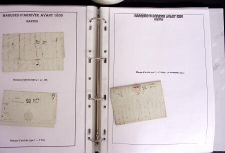 1800-1830, Collection de 70 lettres avec marques d'arrivée sur pages d'albums, dont Aix en Provence, Angers, Bastia, Lyon, Marseille avec déboursé, Macon, Nantes, Narbonne, Limoux, Nimes dont déboursé manuscrit, Per