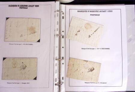 1800-1830, Collection de 70 lettres avec marques d'arrivée sur pages d'albums, dont Aix en Provence, Angers, Bastia, Lyon, Marseille avec déboursé, Macon, Nantes, Narbonne, Limoux, Nimes dont déboursé manuscrit, Per