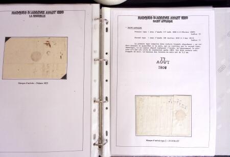 1800-1830, Collection de 70 lettres avec marques d'arrivée sur pages d'albums, dont Aix en Provence, Angers, Bastia, Lyon, Marseille avec déboursé, Macon, Nantes, Narbonne, Limoux, Nimes dont déboursé manuscrit, Per