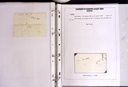 1800-1830, Collection de 70 lettres avec marques d'arrivée sur pages d'albums, dont Aix en Provence, Angers, Bastia, Lyon, Marseille avec déboursé, Macon, Nantes, Narbonne, Limoux, Nimes dont déboursé manuscrit, Per