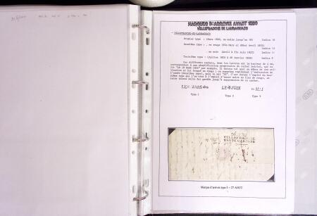 1800-1830, Collection de 70 lettres avec marques d'arrivée sur pages d'albums, dont Aix en Provence, Angers, Bastia, Lyon, Marseille avec déboursé, Macon, Nantes, Narbonne, Limoux, Nimes dont déboursé manuscrit, Per