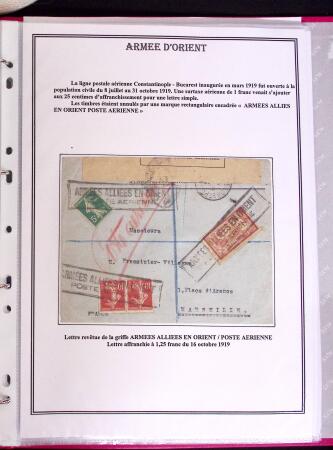 1915-1927, ARMEES d'ORIENT Collection de 27 lettres sur pages d'album avec càd Trésor et Poste, des recommandés, griffe "ARMEES ALLIEES EN ORIENT / POSTE AERIENNE", griffe "POSTES SERBES" sur 5c Semeuse vert sur bande