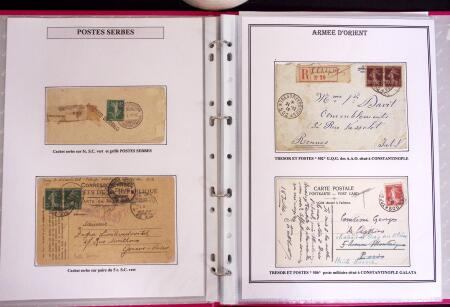 1915-1927, ARMEES d'ORIENT Collection de 27 lettres sur pages d'album avec càd Trésor et Poste, des recommandés, griffe "ARMEES ALLIEES EN ORIENT / POSTE AERIENNE", griffe "POSTES SERBES" sur 5c Semeuse vert sur bande