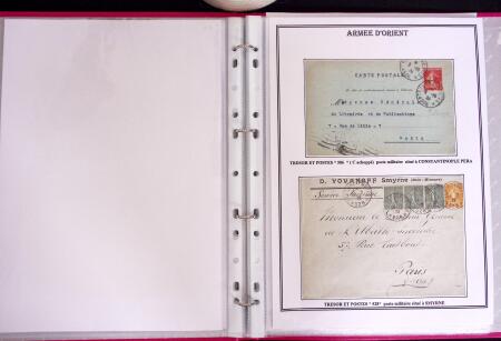 1915-1927, ARMEES d'ORIENT Collection de 27 lettres sur pages d'album avec càd Trésor et Poste, des recommandés, griffe "ARMEES ALLIEES EN ORIENT / POSTE AERIENNE", griffe "POSTES SERBES" sur 5c Semeuse vert sur bande