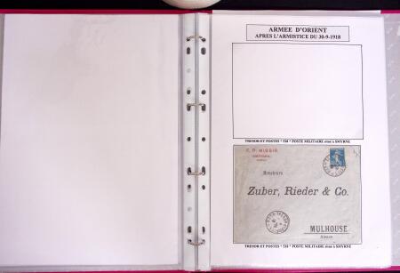 1915-1927, ARMEES d'ORIENT Collection de 27 lettres sur pages d'album avec càd Trésor et Poste, des recommandés, griffe "ARMEES ALLIEES EN ORIENT / POSTE AERIENNE", griffe "POSTES SERBES" sur 5c Semeuse vert sur bande