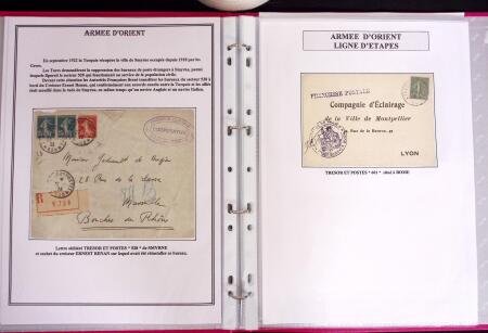 1915-1927, ARMEES d'ORIENT Collection de 27 lettres sur pages d'album avec càd Trésor et Poste, des recommandés, griffe "ARMEES ALLIEES EN ORIENT / POSTE AERIENNE", griffe "POSTES SERBES" sur 5c Semeuse vert sur bande