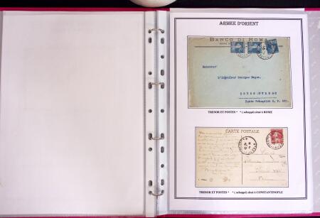 1915-1927, ARMEES d'ORIENT Collection de 27 lettres sur pages d'album avec càd Trésor et Poste, des recommandés, griffe "ARMEES ALLIEES EN ORIENT / POSTE AERIENNE", griffe "POSTES SERBES" sur 5c Semeuse vert sur bande