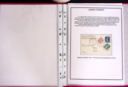 1915-1927, ARMEES d'ORIENT Collection de 27 lettres sur pages d'album avec càd Trésor et Poste, des recommandés, griffe "ARMEES ALLIEES EN ORIENT / POSTE AERIENNE", griffe "POSTES SERBES" sur 5c Semeuse vert sur bande