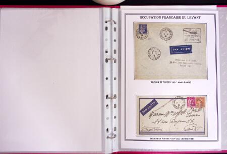 1915-1927, ARMEES d'ORIENT Collection de 27 lettres sur pages d'album avec càd Trésor et Poste, des recommandés, griffe "ARMEES ALLIEES EN ORIENT / POSTE AERIENNE", griffe "POSTES SERBES" sur 5c Semeuse vert sur bande
