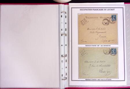 1915-1927, ARMEES d'ORIENT Collection de 27 lettres sur pages d'album avec càd Trésor et Poste, des recommandés, griffe "ARMEES ALLIEES EN ORIENT / POSTE AERIENNE", griffe "POSTES SERBES" sur 5c Semeuse vert sur bande