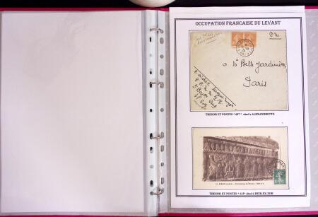 1915-1927, ARMEES d'ORIENT Collection de 27 lettres sur pages d'album avec càd Trésor et Poste, des recommandés, griffe "ARMEES ALLIEES EN ORIENT / POSTE AERIENNE", griffe "POSTES SERBES" sur 5c Semeuse vert sur bande